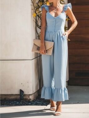 NWT Olivaceous Light Blue Linen Blend Flutter Sleeve Ruffle Hem Jumpsuit Medium